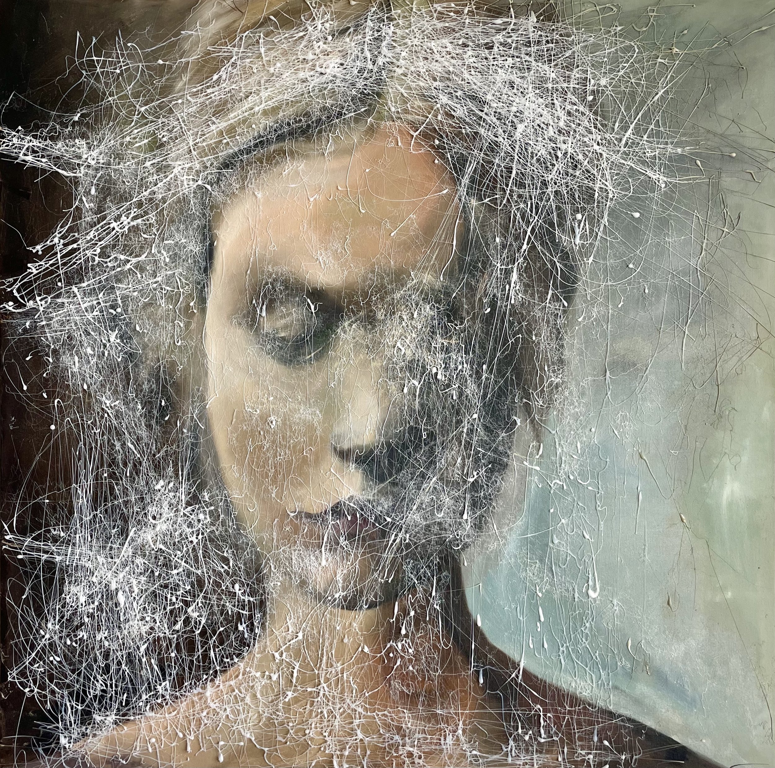 Web, a face veiled in white threads, painting by Hadiseh Bahrami